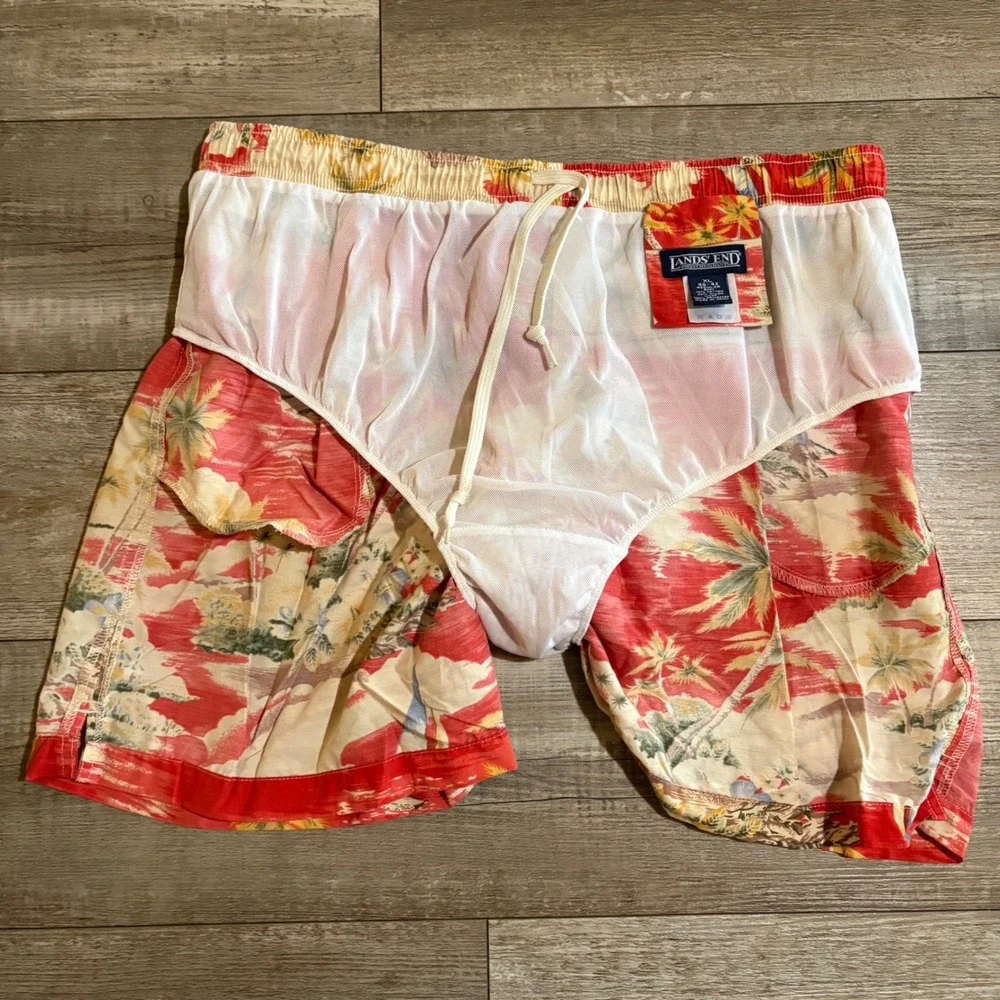 Lands' End Swim Trunks Mens XL Red Tropical Palm Tree Floral Hawaiian Print